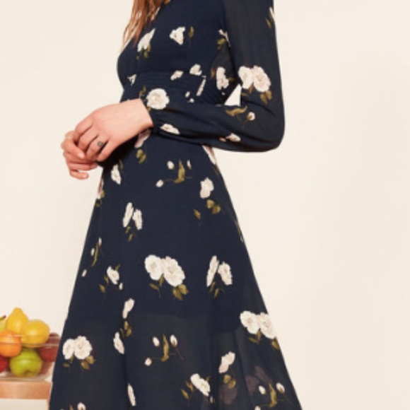 Reformation Navy Floral Long Sleeve Dress. - Picture 3 of 11